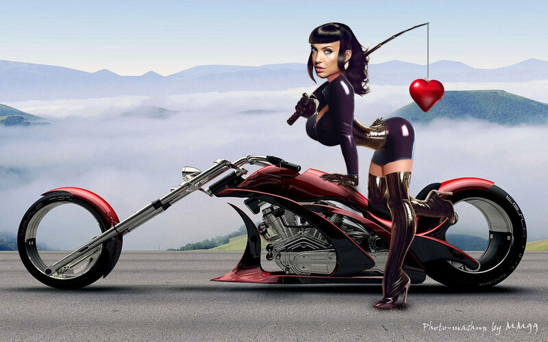 Woman on Red Motorcycle — Dramatic, Digital Art, Heart