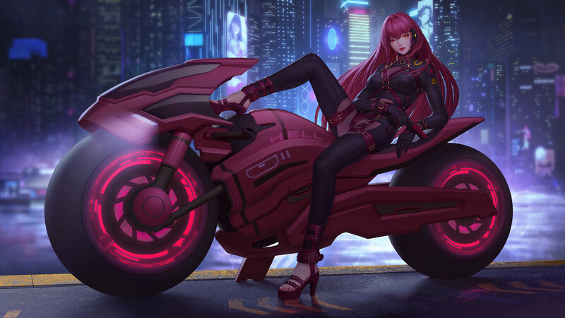 Woman on Red Motorcycle — Dramatic, Night, Digital Art, Cityscape, Neon Lights