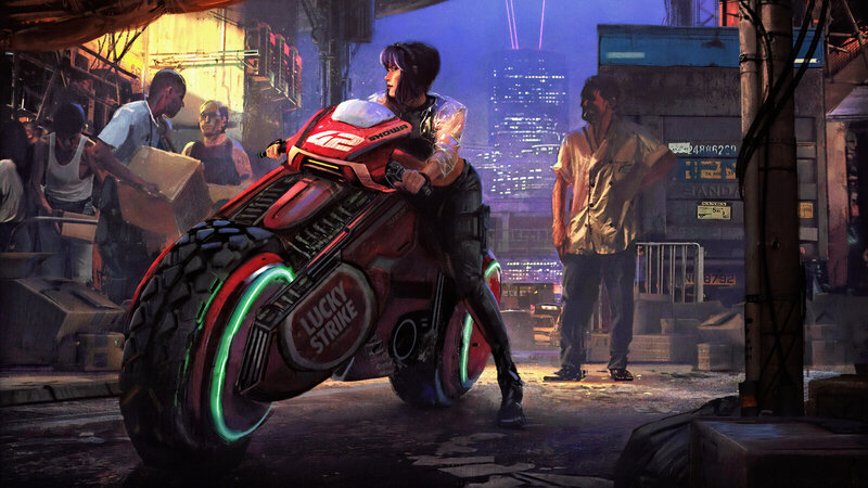 Woman on Red Motorcycle — Dramatic, Night, Digital Art, Cityscape