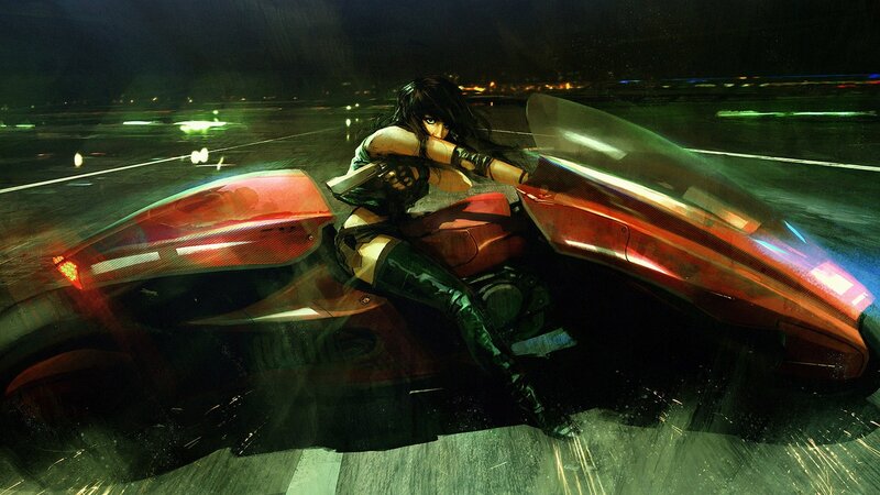 Woman on Red Motorcycle — Dramatic, Night, Digital Art, Rain, City Lights