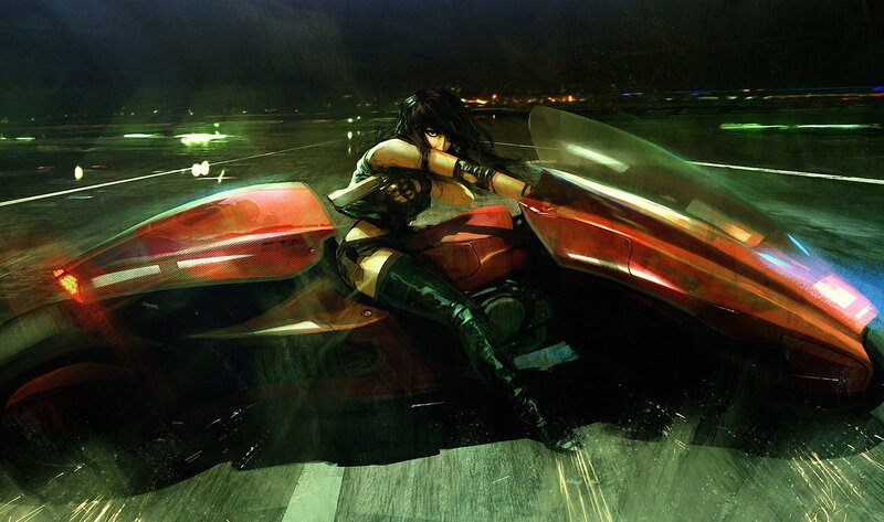 Woman on Red Motorcycle — Dramatic, Night, Digital Art, Rain