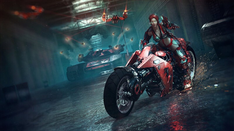 Woman on Red Motorcycle — Dramatic, Night, Digital Art