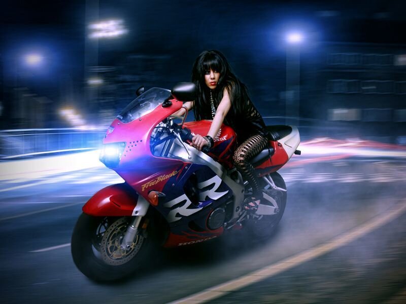 Woman on Red Motorcycle — Dramatic, Night