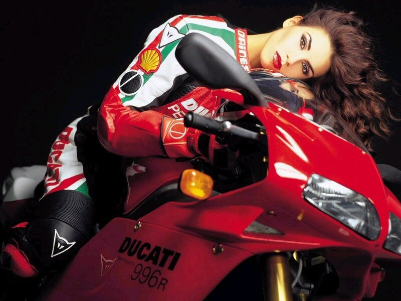 Woman on Red Motorcycle — Dramatic, Photograph, Leather Suit