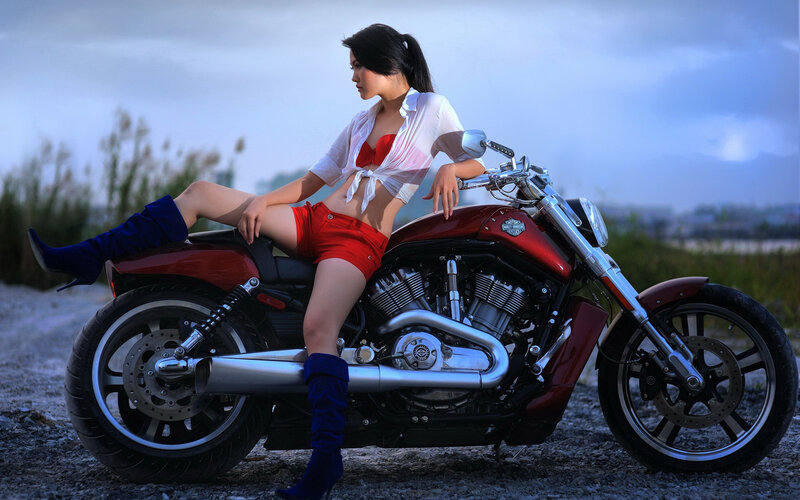 Woman on Red Motorcycle — Dramatic, Sunset, Photograph, Boot
