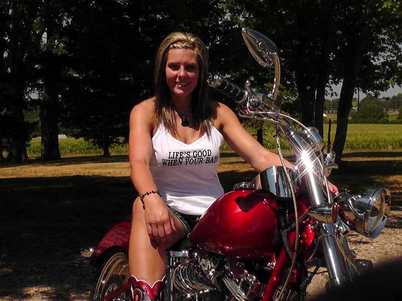 Woman on Red Motorcycle — Outdoor, Afternoon, Photograph, Trees
