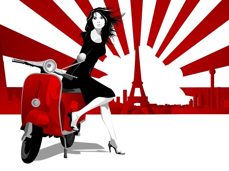 Woman on Red Scooter — Dramatic, Vector Art
