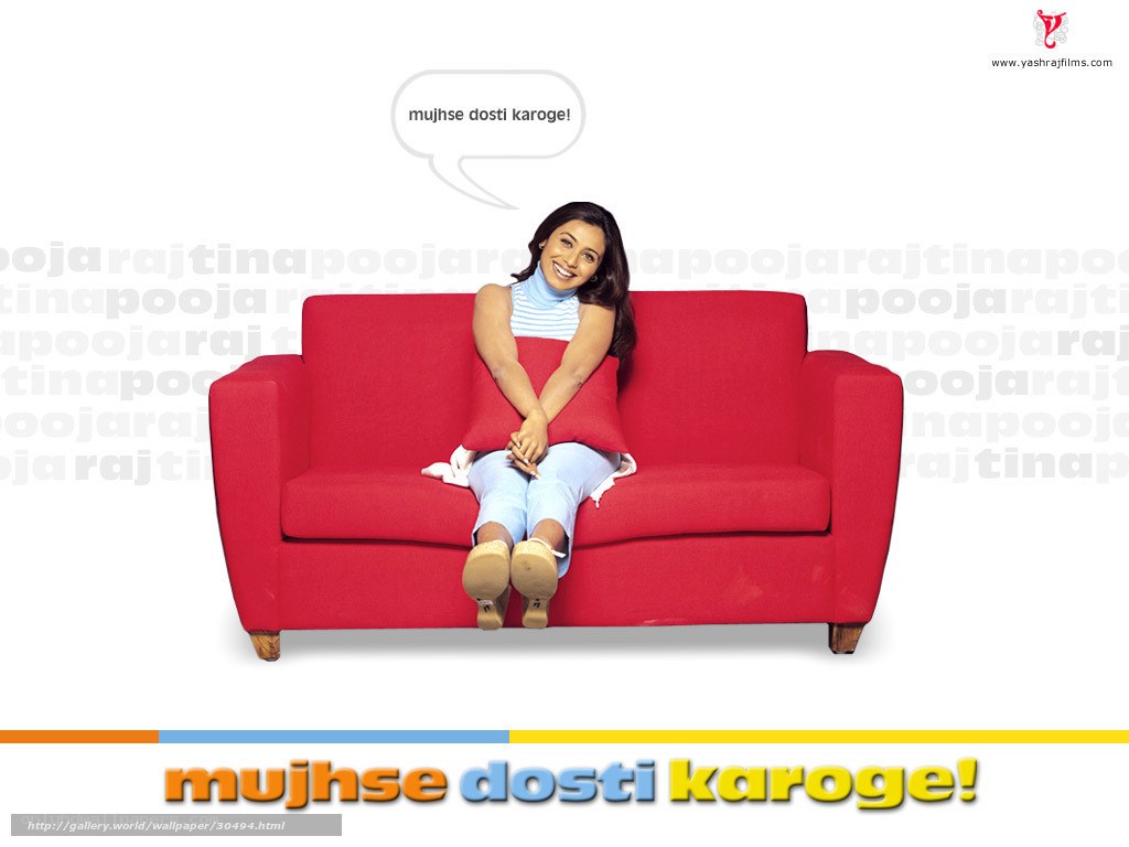 Woman on red sofa with slogan