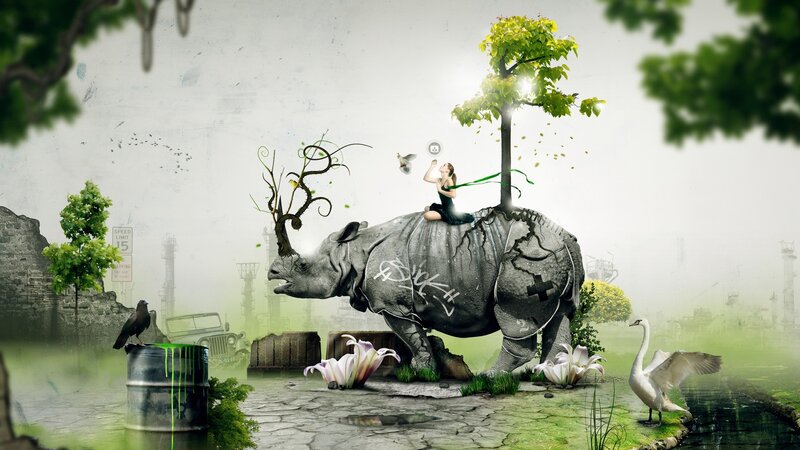 Woman on Rhino — Green