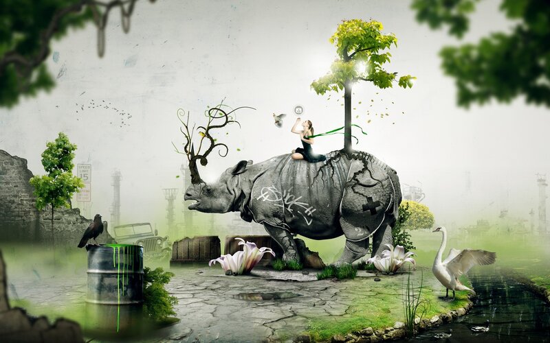 Woman on Rhino Statue — Green