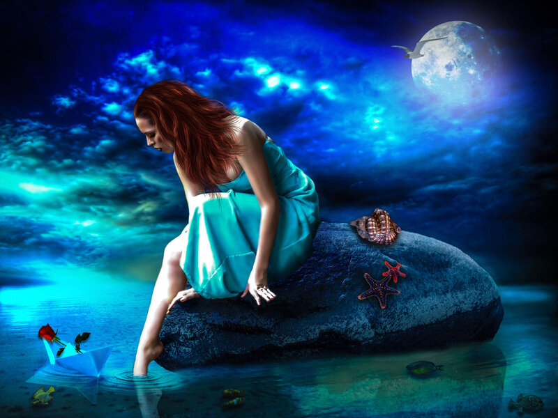 Woman on Rock in Water — Blue