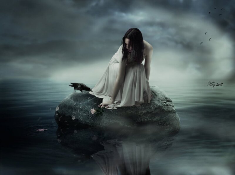Woman on Rock in Water — Gray, Dramatic