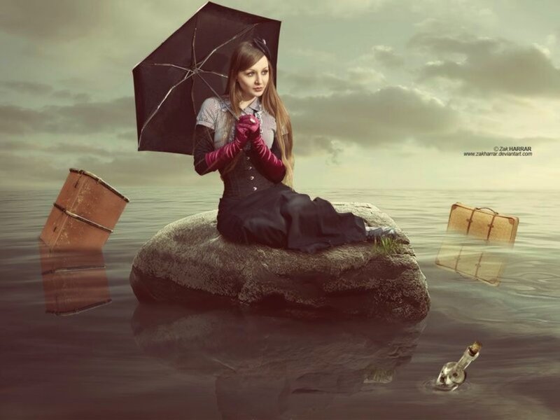Woman on Rock in Water — Gray