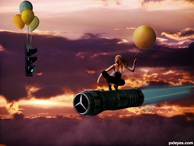 woman on rocket with balloons