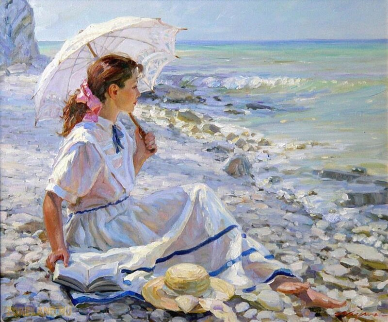 Woman on Rocky Beach — White