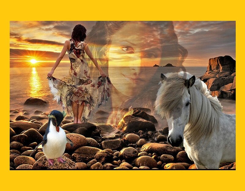 Woman on Rocky Beach — Yellow, Serene
