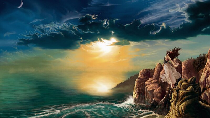 Woman on Rocky Cliff — Blue, Dramatic, Night, Digital Art