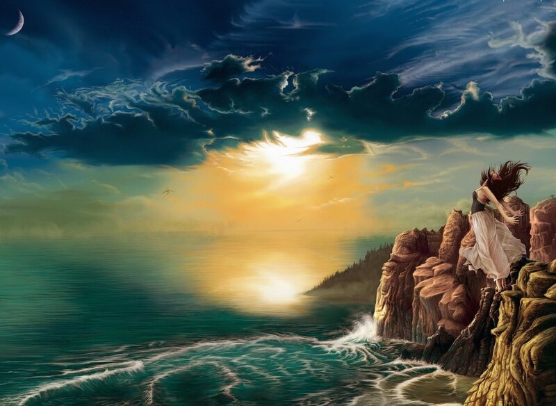 Woman on Rocky Cliff — Blue, Dramatic