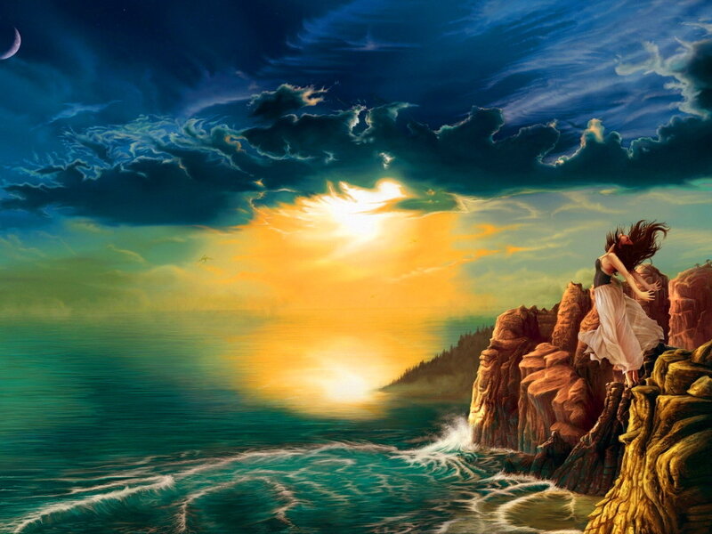 Woman on Rocky Cliff — Blue