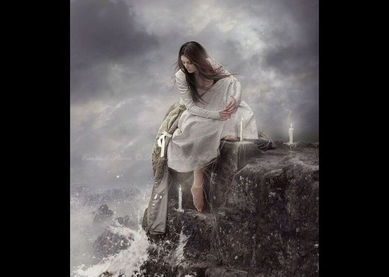 Woman on Rocky Cliff — Gray, Dramatic