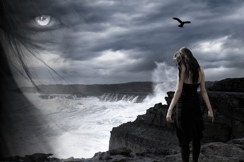 Woman on Rocky Cliff — Gray