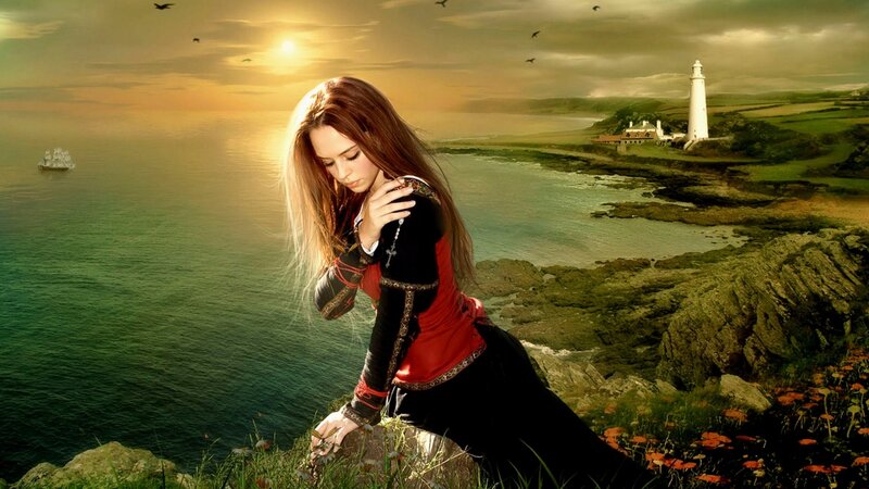 Woman on Rocky Cliff — Green, Dramatic, Sunset