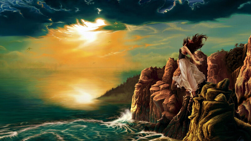 Woman on Rocky Cliff — Green