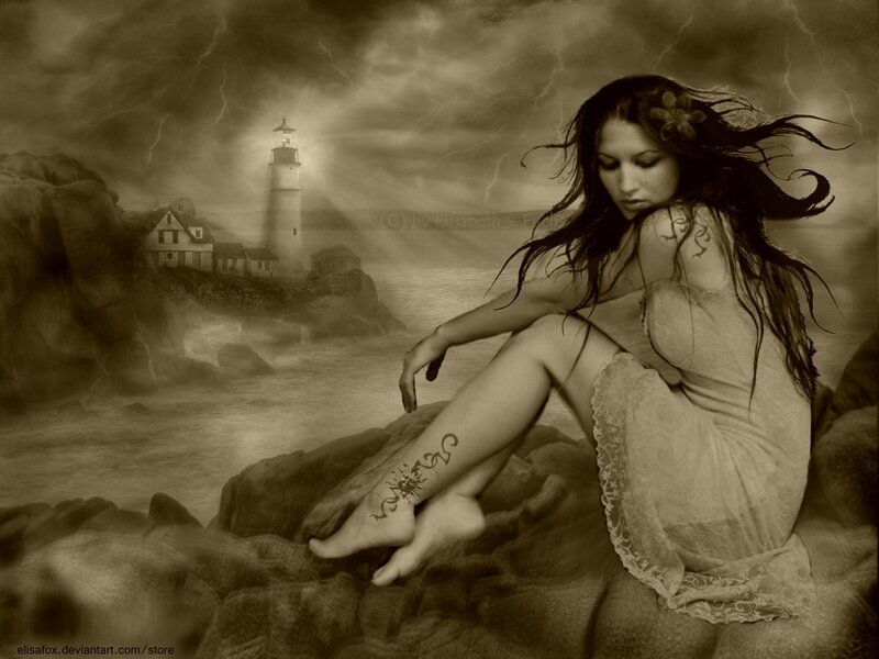 woman on rocky shore at storm