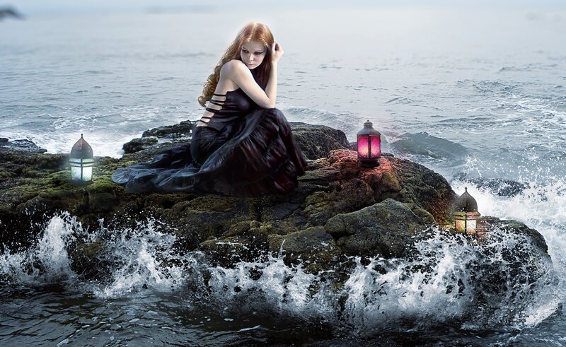 Woman on Rocky Shore — Black, Dramatic, Digital Art