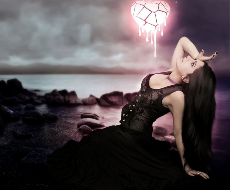Woman on Rocky Shore — Black, Dramatic, Night, Digital Art, Heart-shaped Lantern
