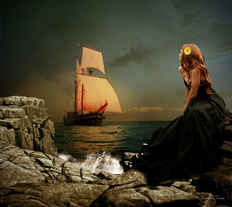 Woman on Rocky Shore — Black, Dramatic, Sunset, Digital Art, Sailboat