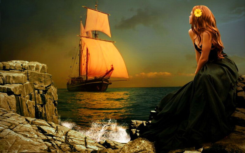 Woman on Rocky Shore — Black, Dramatic, Sunset, Digital Art