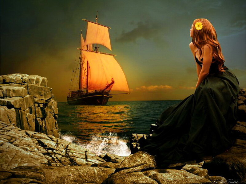 Woman on Rocky Shore — Black, Dramatic, Sunset