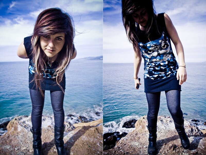 Woman on Rocky Shore — Blue, Dramatic, Afternoon, Photograph, Ocean