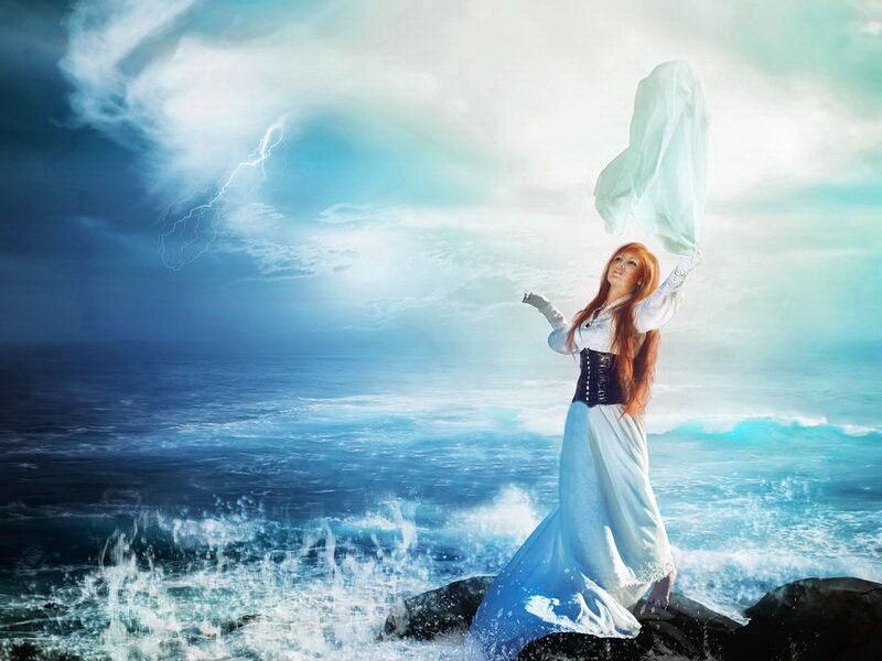 Woman on Rocky Shore — Blue, Dramatic, Digital Art