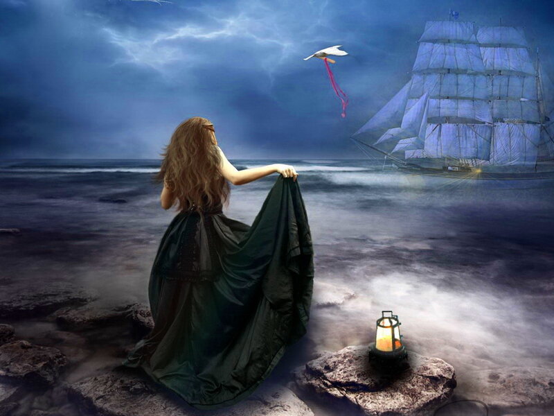 Woman on Rocky Shore — Blue, Dramatic, Night, Digital Art, Sailboat
