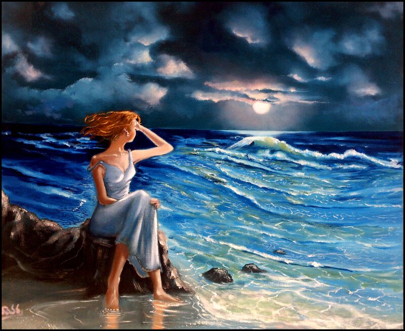 Woman on Rocky Shore — Blue, Dramatic, Night, Painting, Ocean