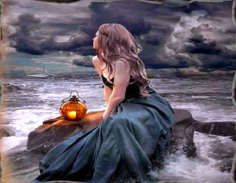 Woman on Rocky Shore — Blue, Dramatic, Night