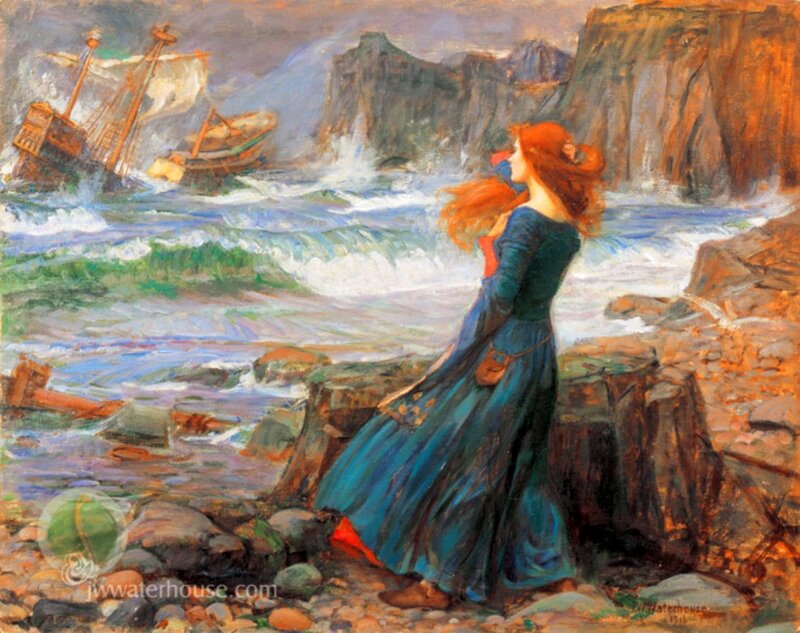 Woman on Rocky Shore — Blue, Dramatic, Painting, Shipwreck