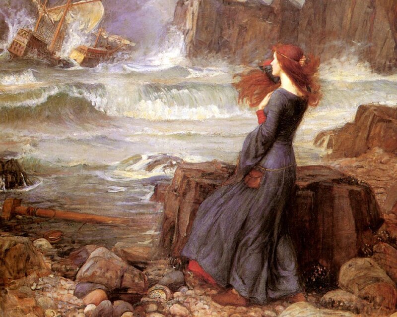 Woman on Rocky Shore — Blue, Dramatic, Painting