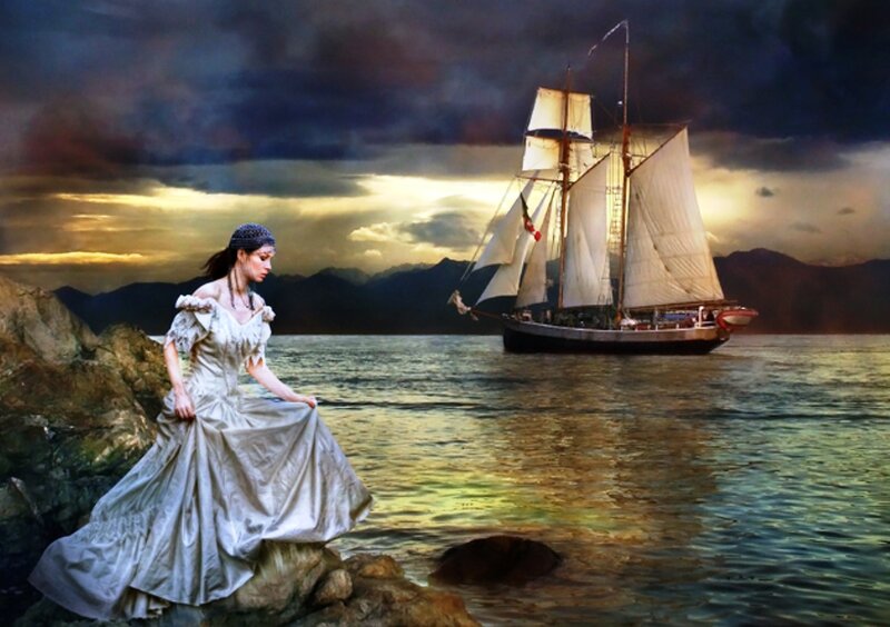Woman on Rocky Shore — Blue, Dramatic, Sunset, Digital Art