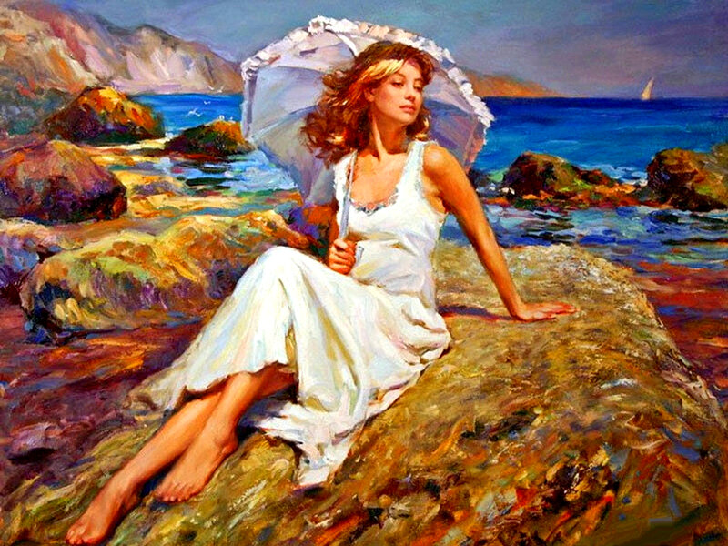 Woman on Rocky Shore — Blue, Serene, Afternoon, Painting