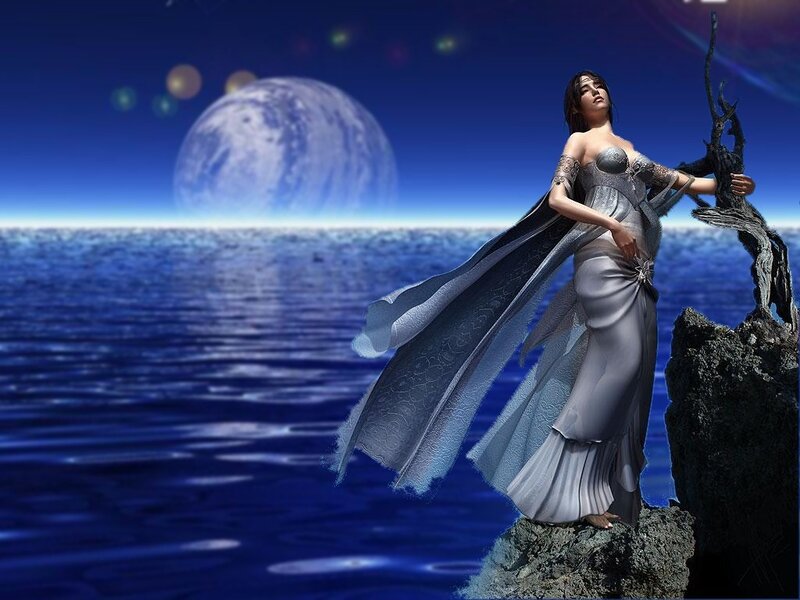 Woman on Rocky Shore — Blue, Serene, Night, Digital Art, Ocean