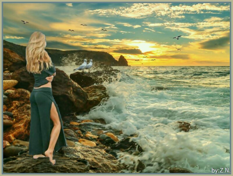 Woman on Rocky Shore — Blue, Serene, Sunset, Digital Art