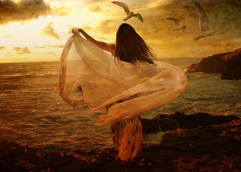 Woman on Rocky Shore — Gold