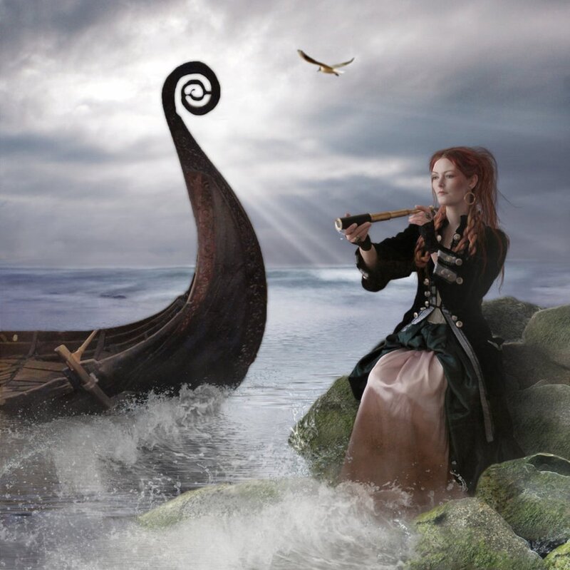 Woman on Rocky Shore — Gray, Dramatic, Digital Art