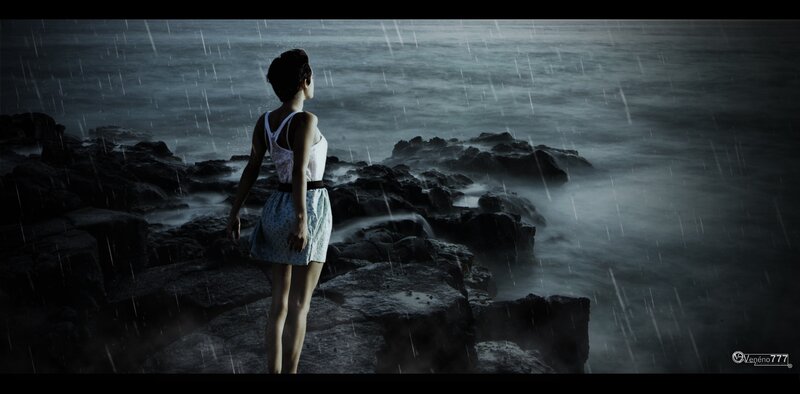 Woman on Rocky Shore — Gray, Dramatic, Night