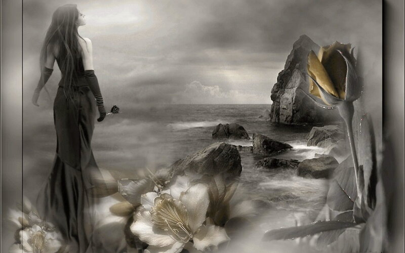 Woman on Rocky Shore — Gray, Melancholic, Digital Art