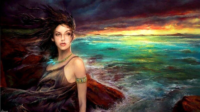 Woman on Rocky Shore — Green, Dramatic, Sunset