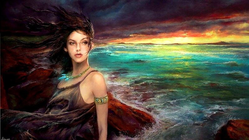 Woman on Rocky Shore — Green